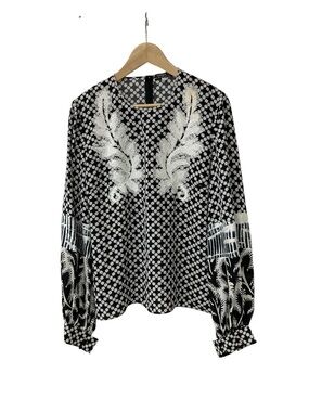 Andrew Gn Black White Sequin Beaded Silk Long Sleeve Blouse Top 42